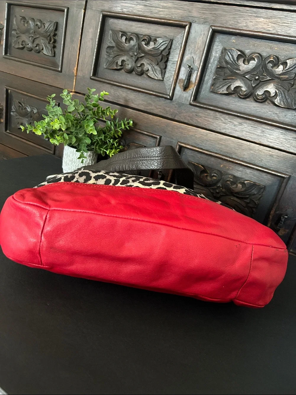 Coach Leopard Print Canvas Shoulder Bag with Red Leather Trim